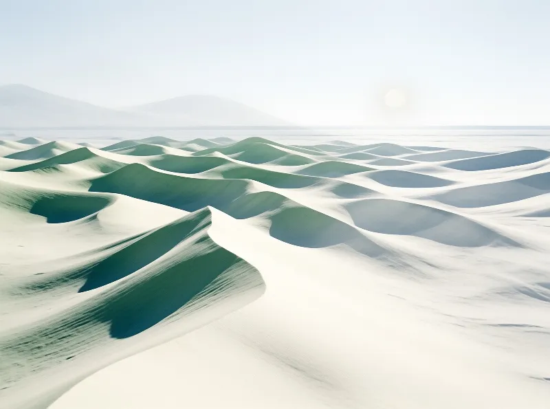 Pale sand dunes roll across a desert floor while cool shadows stretch under a bright sky.