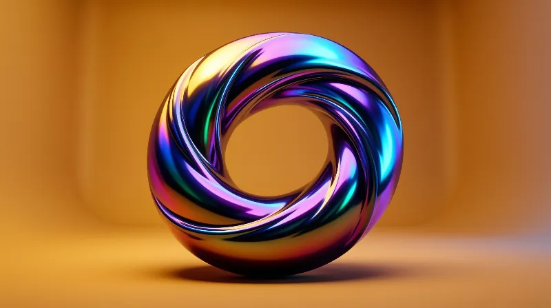 A glossy holographic ring twists through itself, throwing rainbow reflections across a warm orange scene.
