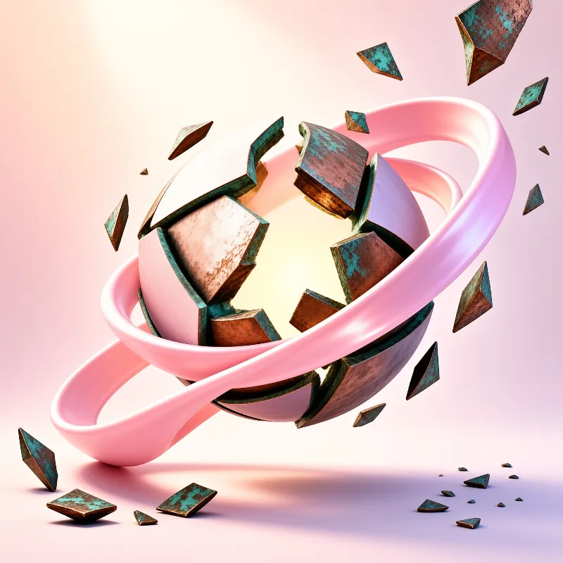 Copper fragments burst outward from a broken core, held in orbit by a smooth pastel band against a hazy backdrop.