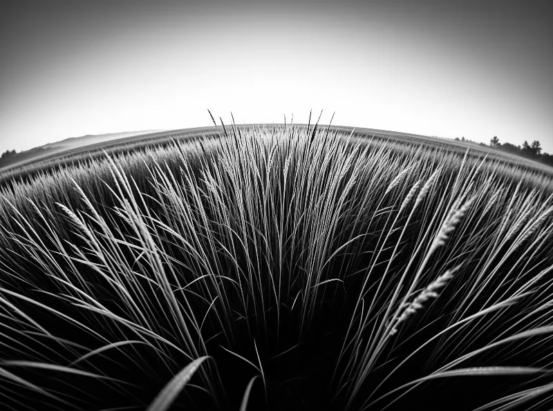 Monochrome view of tall grass blades curving upwards toward a distant horizon with high contrast lighting.