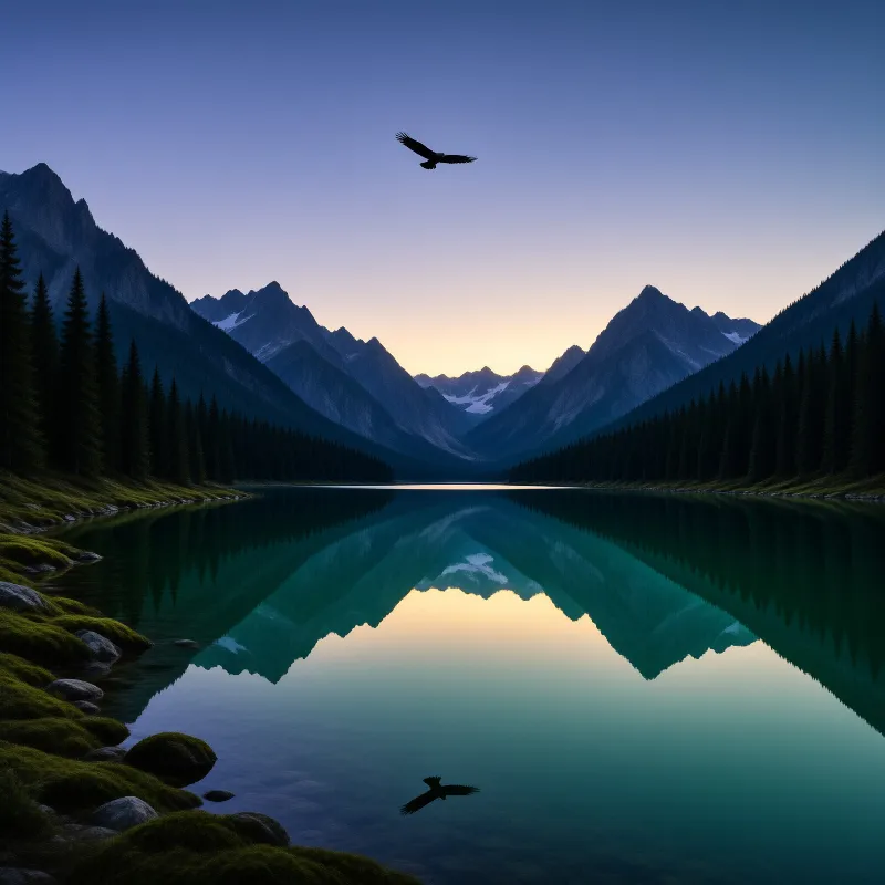 A large bird flies high above a still mountain lake that perfectly reflects the surrounding peaks and twilight sky.