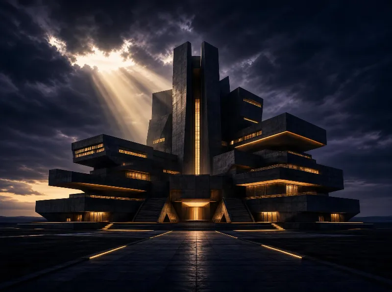 Brutalist Building in Dramatic Dusk Light