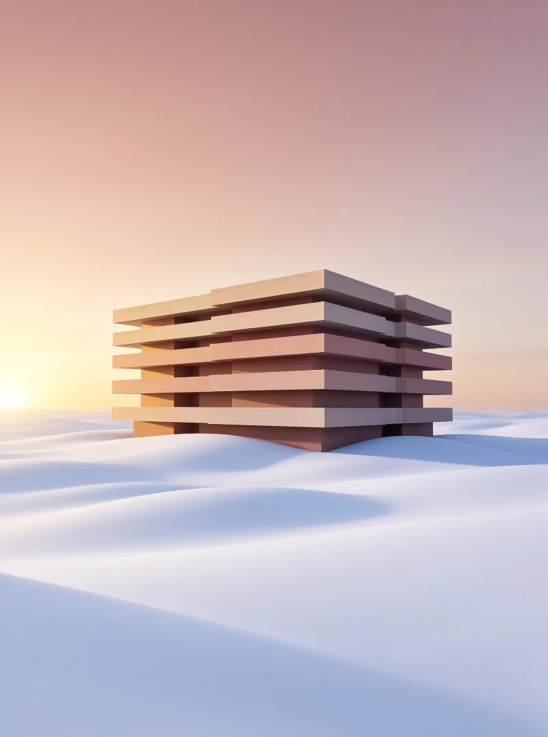 A minimalist pavilion of stacked horizontal slabs rests on rolling snow dunes under a pastel dawn sky.