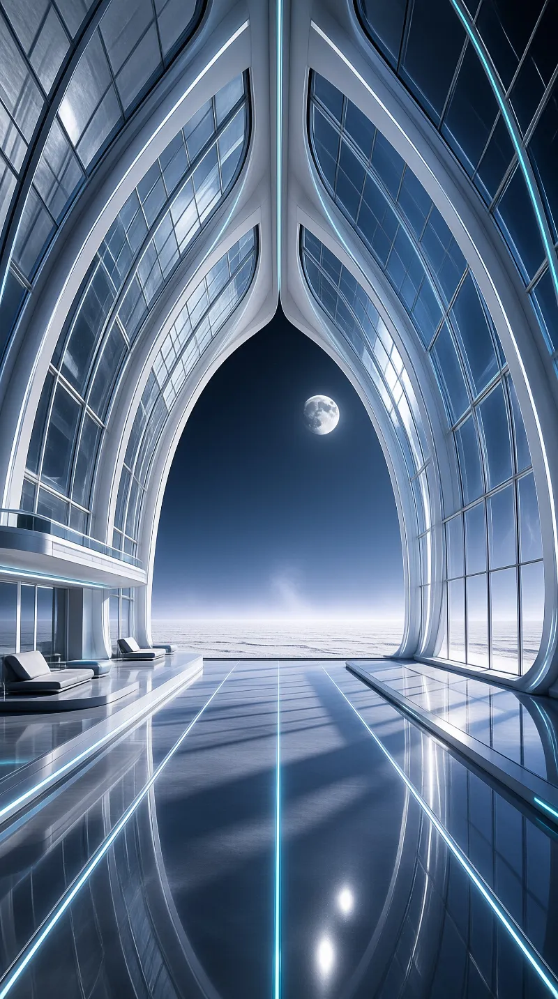 A modern interior space features a massive arched window overlooking a tranquil sea and a glowing moon.