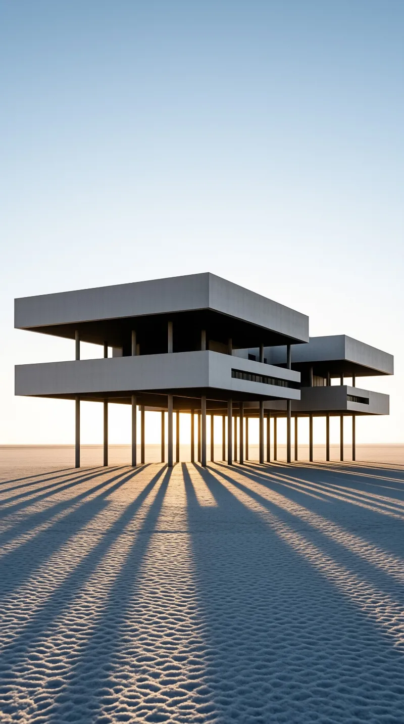 A modern concrete building on stilts stands in a desert with long shadows stretching across the rippled sand.