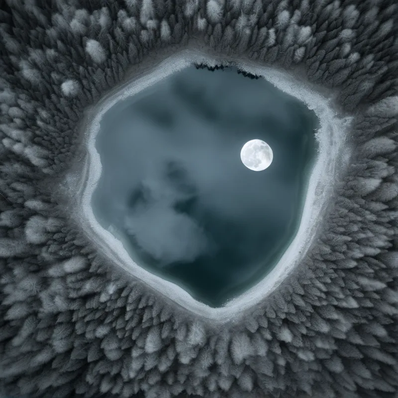 An aerial view of a frozen pond surrounded by snow-covered trees with a bright full moon shining on the ice.