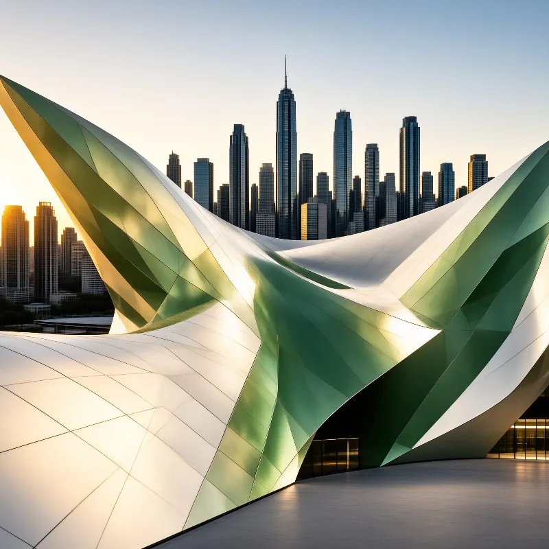 A futuristic building with faceted green and white surfaces curves before a dense urban skyline bathed in warm golden light.