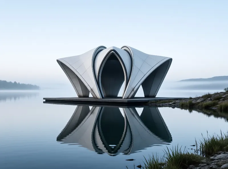 A white curved structure rests on a platform extending over still water, mirroring its shape clearly against a backdrop of misty hills and soft dawn light.
