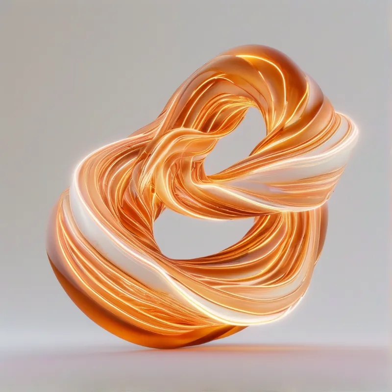 Glossy orange and white twisted strands form a fluid sculpture against a gray background with soft glowing highlights.