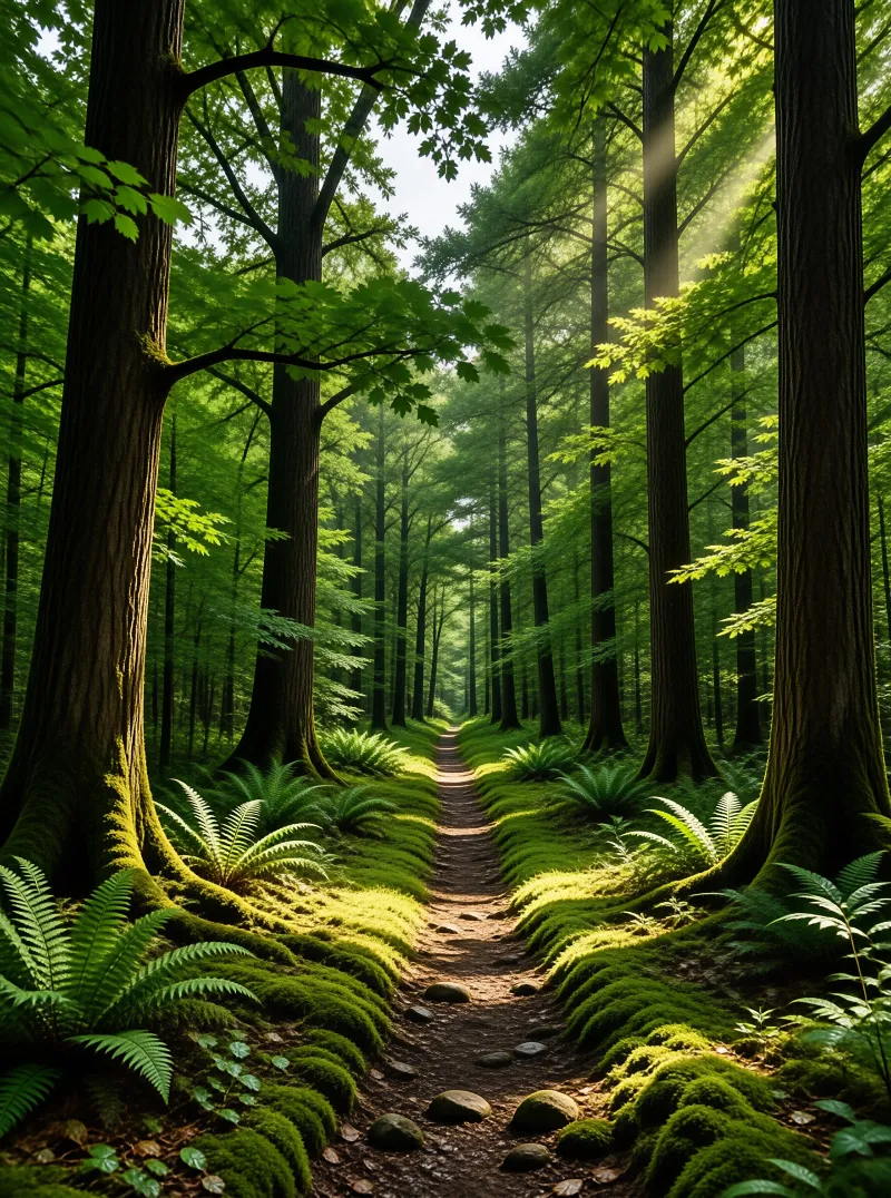 Sunlit Mossy Forest Path
