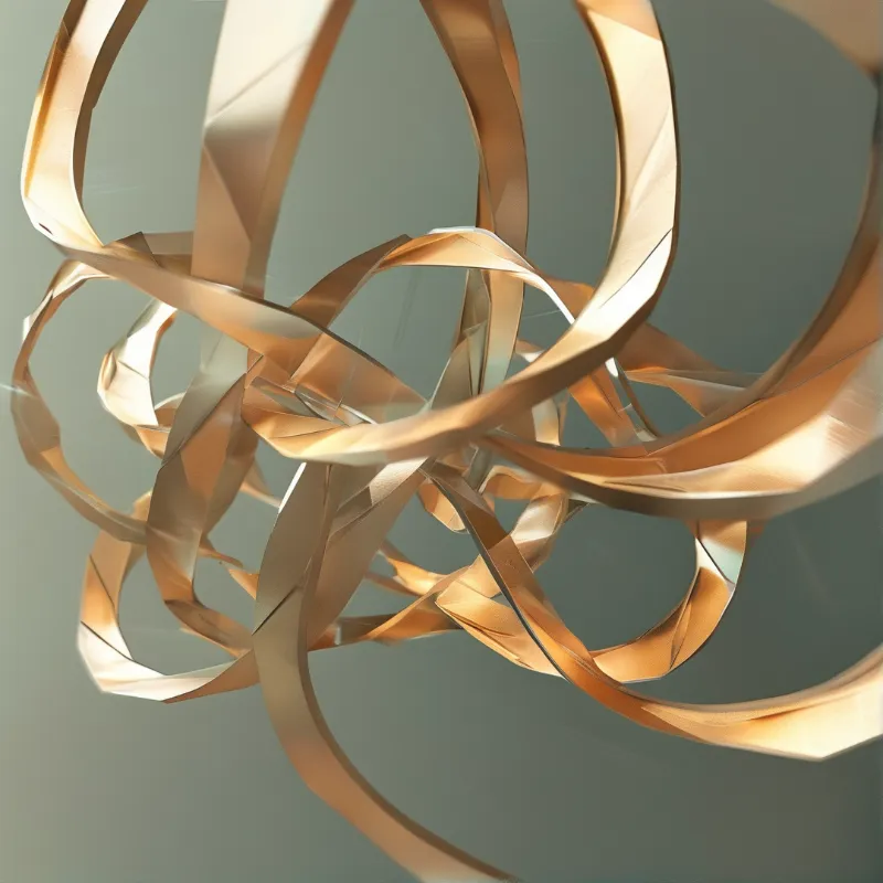 A complex arrangement of golden metallic ribbons curves and intersects within a smooth grey atmosphere.