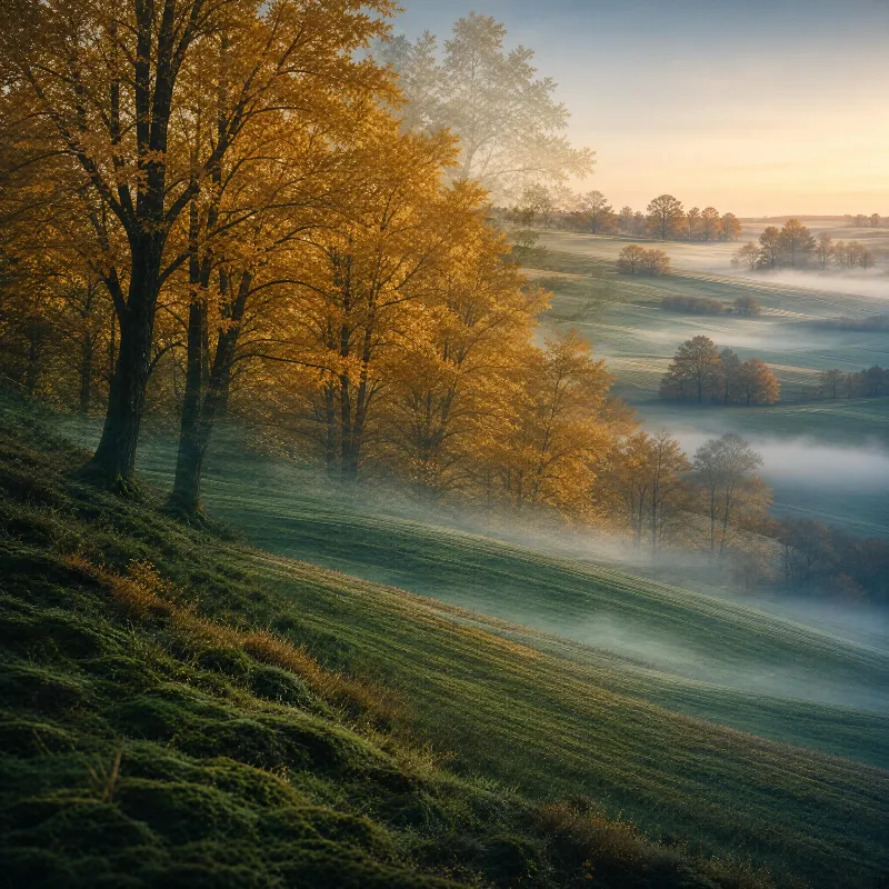 Golden autumn trees line a grassy hillside, with mist drifting through rolling green fields under soft morning sunlight