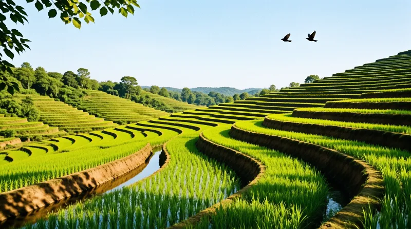 Curving green rice paddies filled with water stretch across the hills while two birds fly overhead.