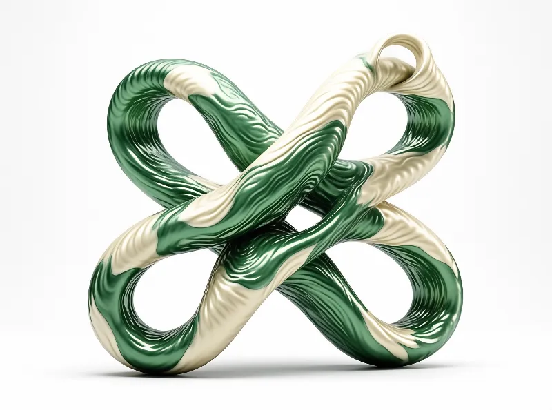 A glossy green and cream twisted knot sculpture sits isolated on a white surface with soft shadows.