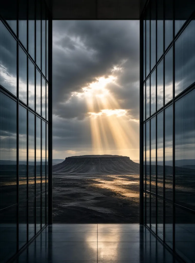 A glass-walled corridor overlooks a desert landscape featuring a flat-topped mesa, with sunlight breaking through storm clouds to cast golden rays across the arid terrain.