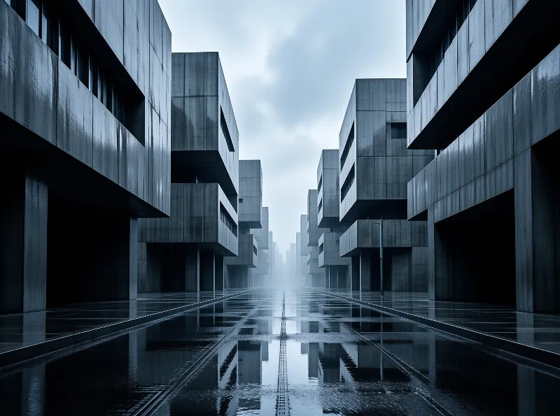 Geometric concrete buildings reflect in wet pavement fading into distant mist