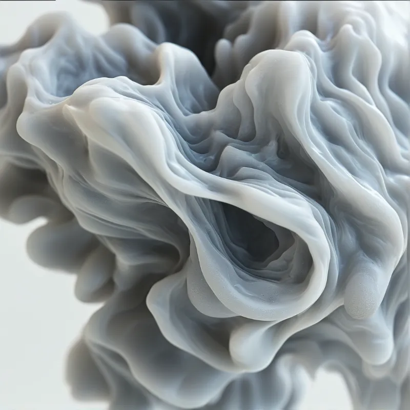 A detailed view of smooth grey fluid forming complex folds and a deep central hole against a bright background.
