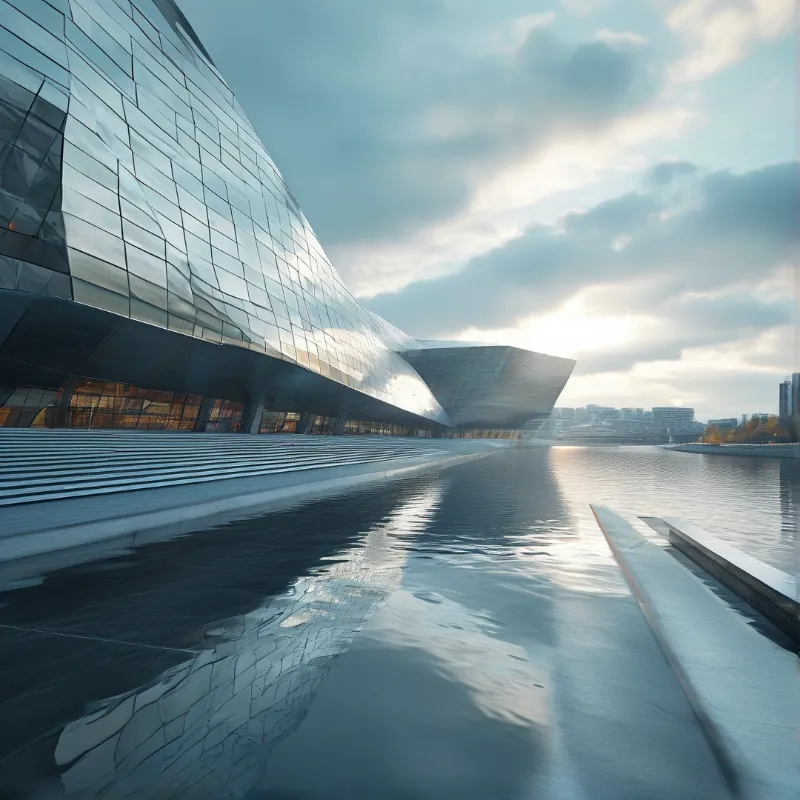 Modern curved glass building with reflective water surface at sunset featuring distant cityscape and clear reflections