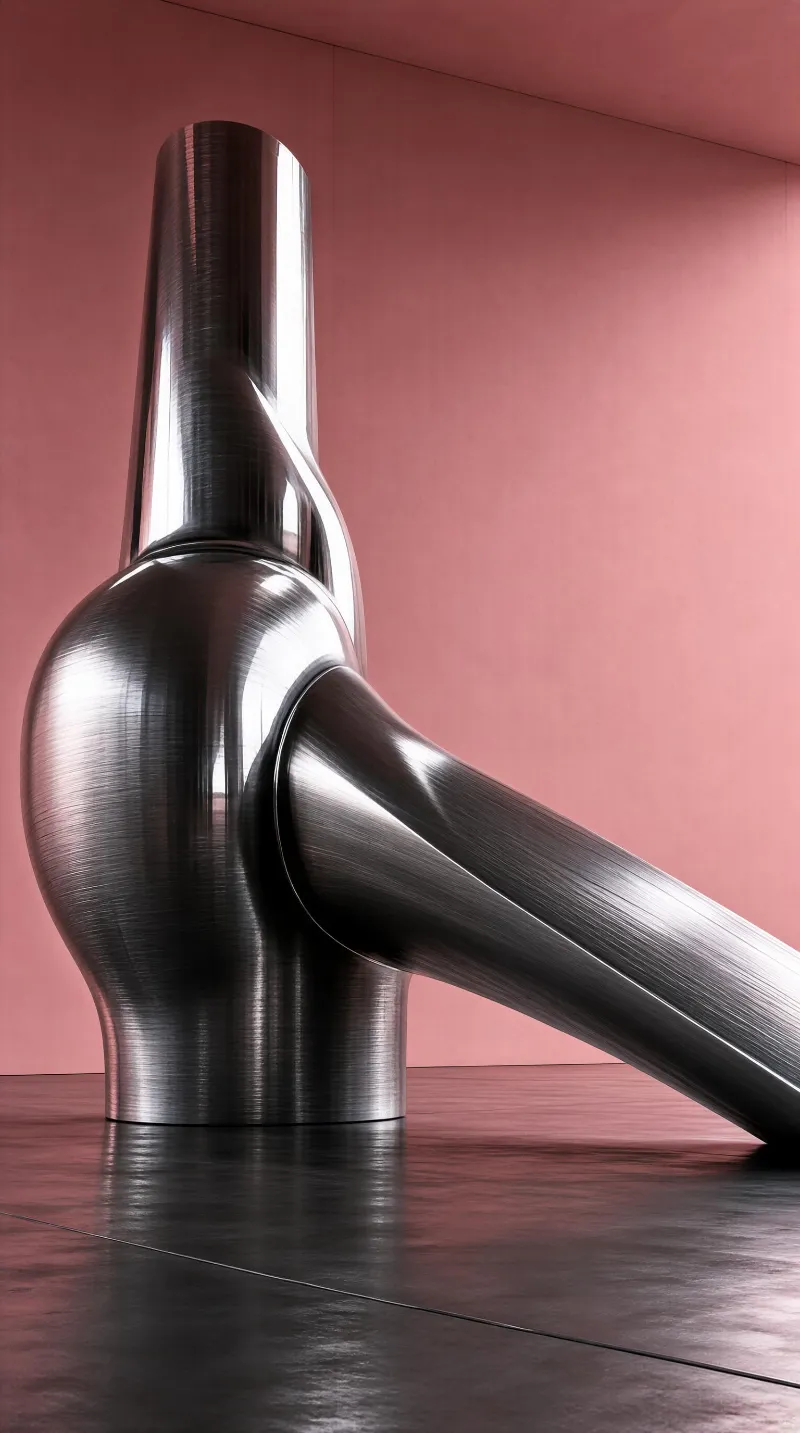 A brushed metallic sculpture stands in a pink-walled room, its sleek surface reflecting soft light against the smooth, dark floor.