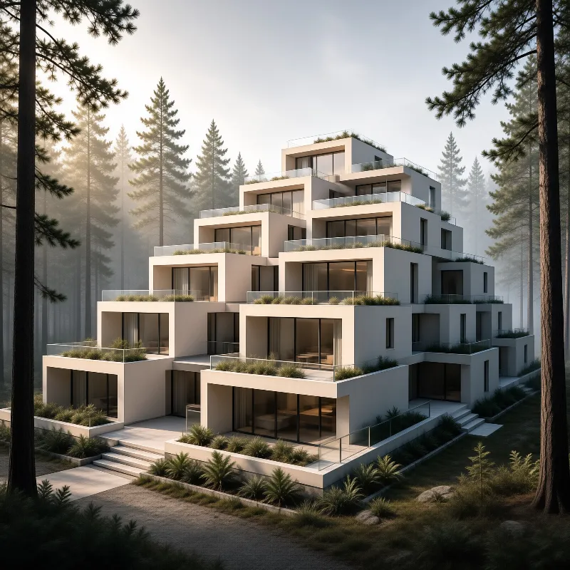 Stacked apartments with planted terraces rise in stepped tiers among tall pines in soft morning fog.