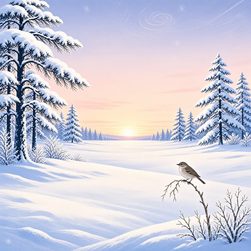 A small songbird rests on a bare branch above a pastel winter landscape of snow-laden spruce and a soft sunset.