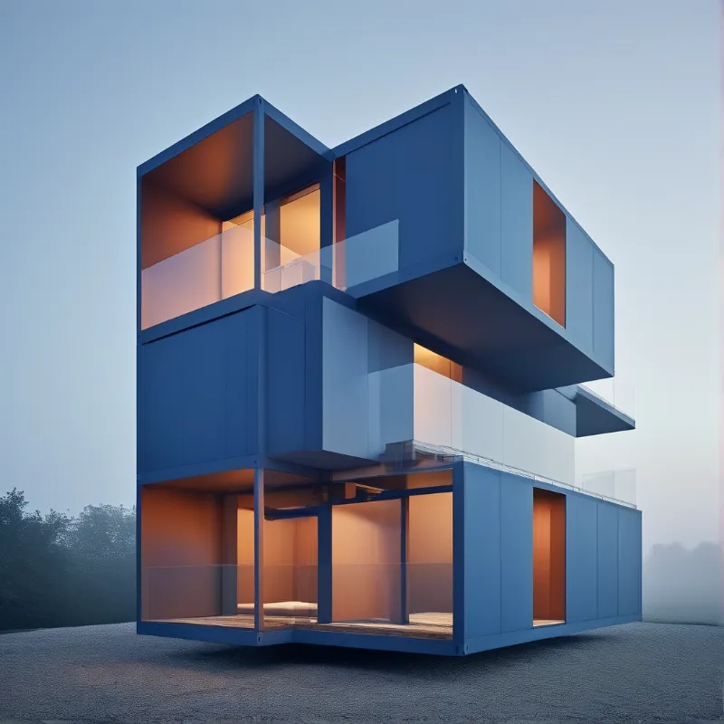 A modern blue container house has large openings showing warm lights against a foggy sky.