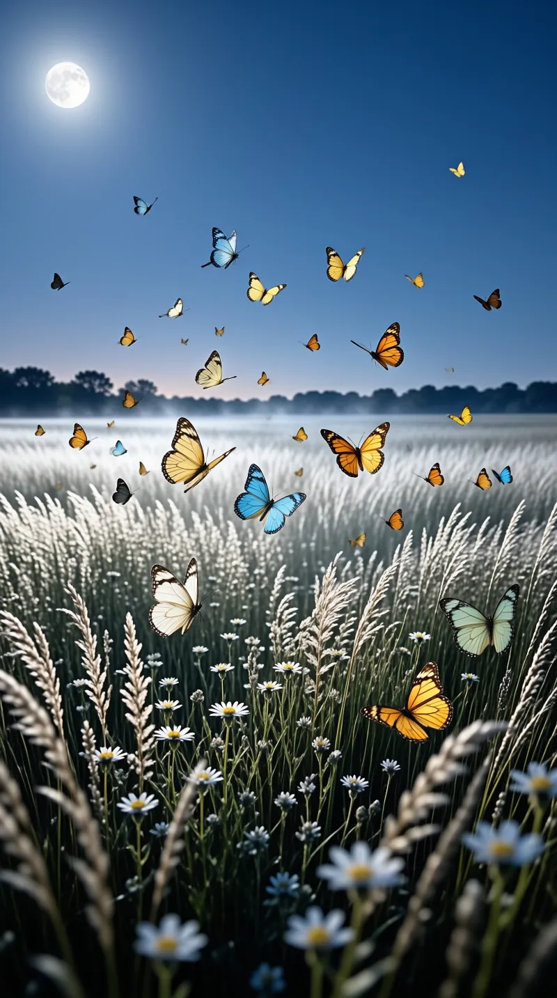A flock of multicolored butterflies flies above a grassy field with daisies while a full moon hangs in the dark blue sky.