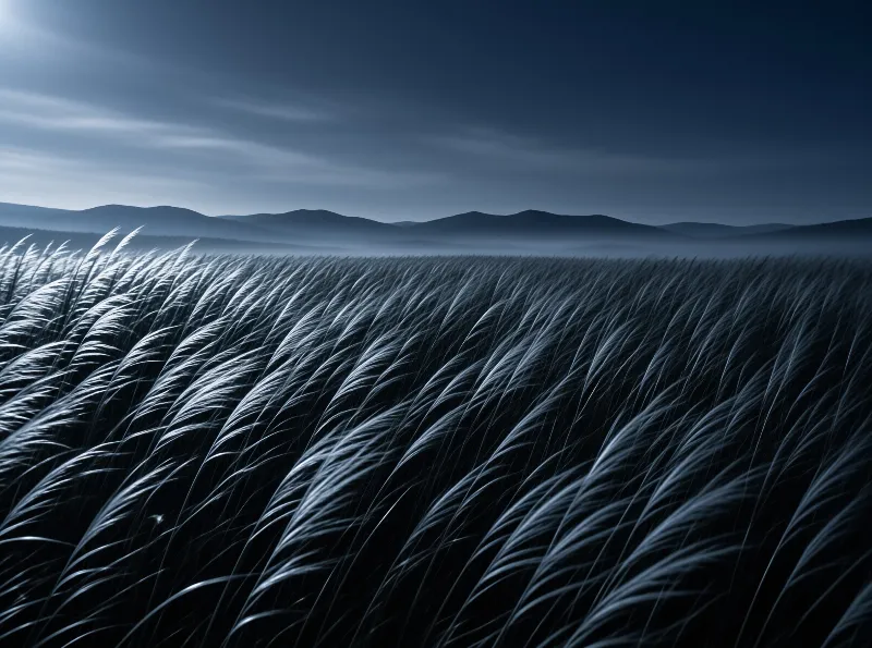 Tall blades of grass bend uniformly across a vast field while soft blue fog settles over distant mountain ranges beneath a twilight sky.