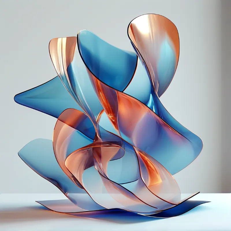 Translucent glass forms create flowing shapes with blue and copper hues against a neutral background.