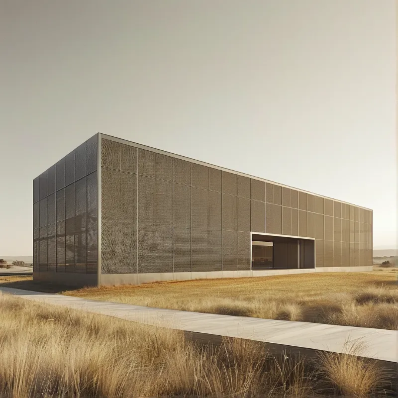 A long bronze screened gallery sits alone among dry grasses beneath a wide hazy sky at dusk.