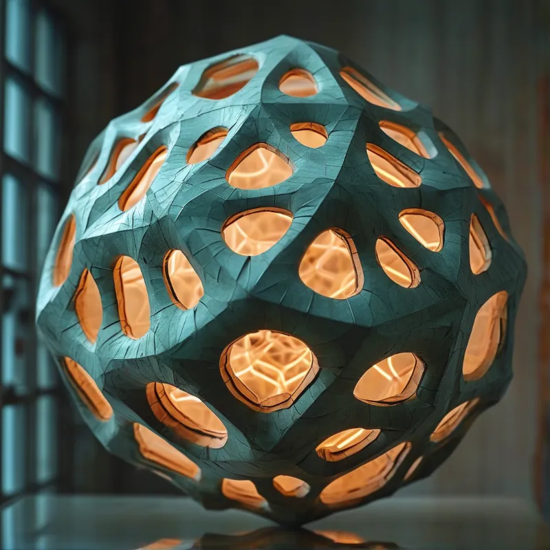 A perforated teal wooden sphere glows as warm light spills through its carved oval openings onto a dark table.