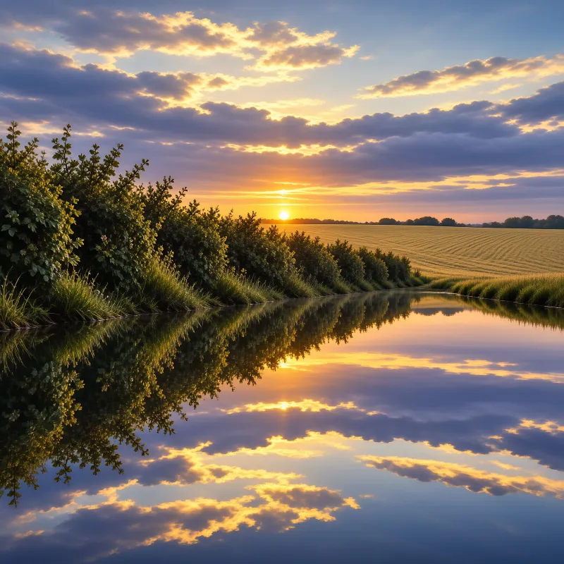 Low amber sun slips behind a hedge line as streaked clouds double in the glassy water of a country canal.