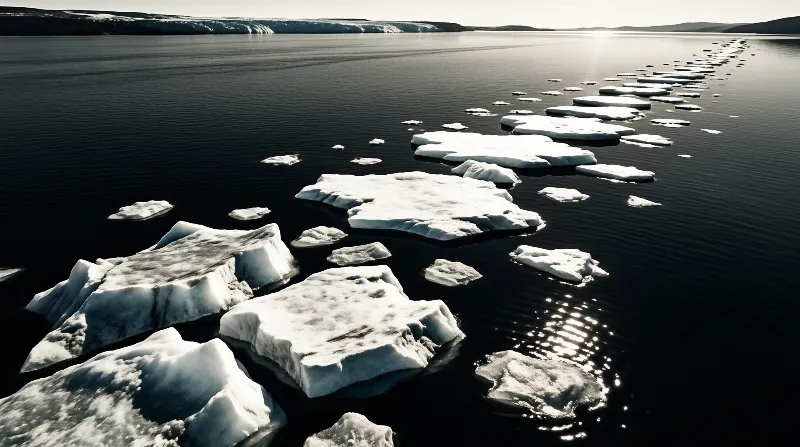 White ice chunks stretch diagonally across dark water reflecting sunlight near a distant shore.