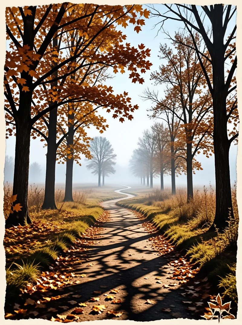 A dirt road curves away into the fog surrounded by tall trees shedding orange leaves under morning sun.