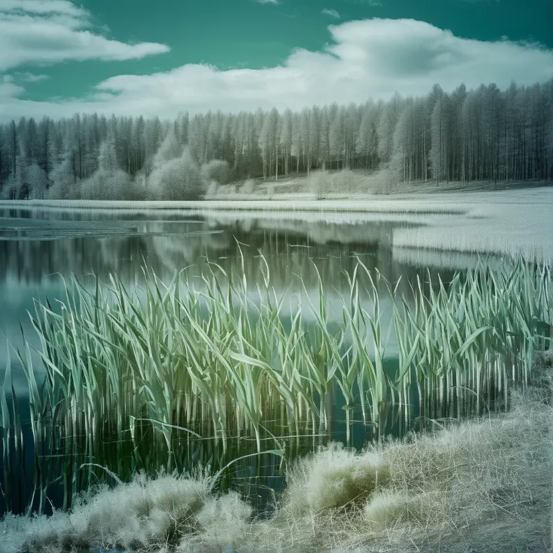 Tall reeds grow from the foreground of a calm teal lake that mirrors white trees under a cloudy sky.