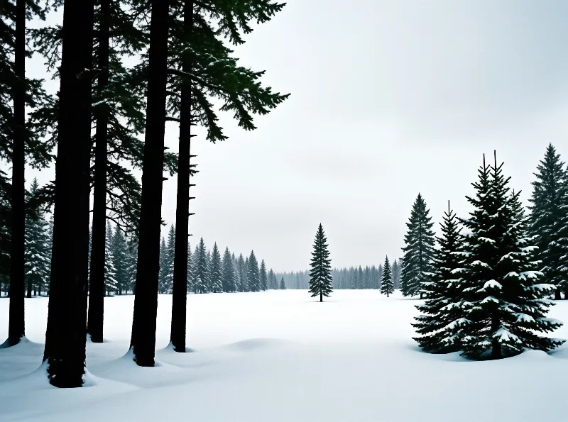 Dark pine trunks frame a white snowfield dotted with frosted fir trees under a pale overcast sky