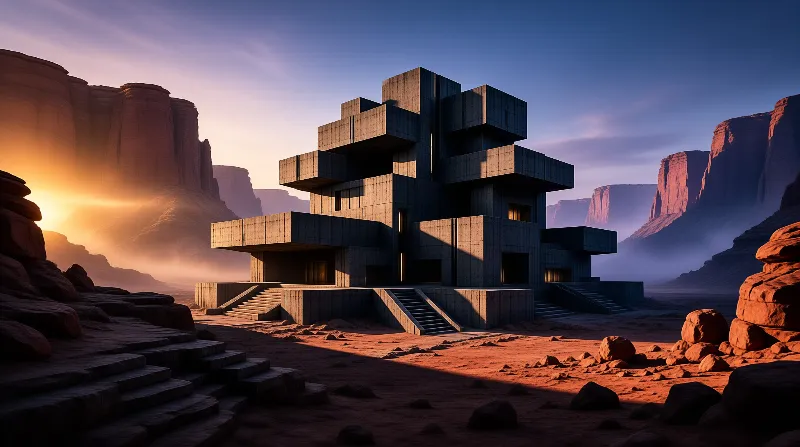 A massive geometric concrete structure stands isolated in a canyon filled with red rocks during the golden hour of sunset.