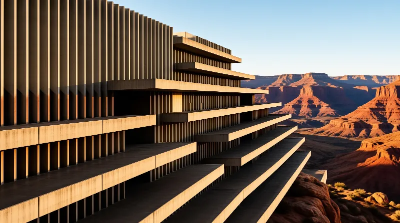 A tiered concrete building with vertical slats stands before red rock formations bathed in warm sunlight.