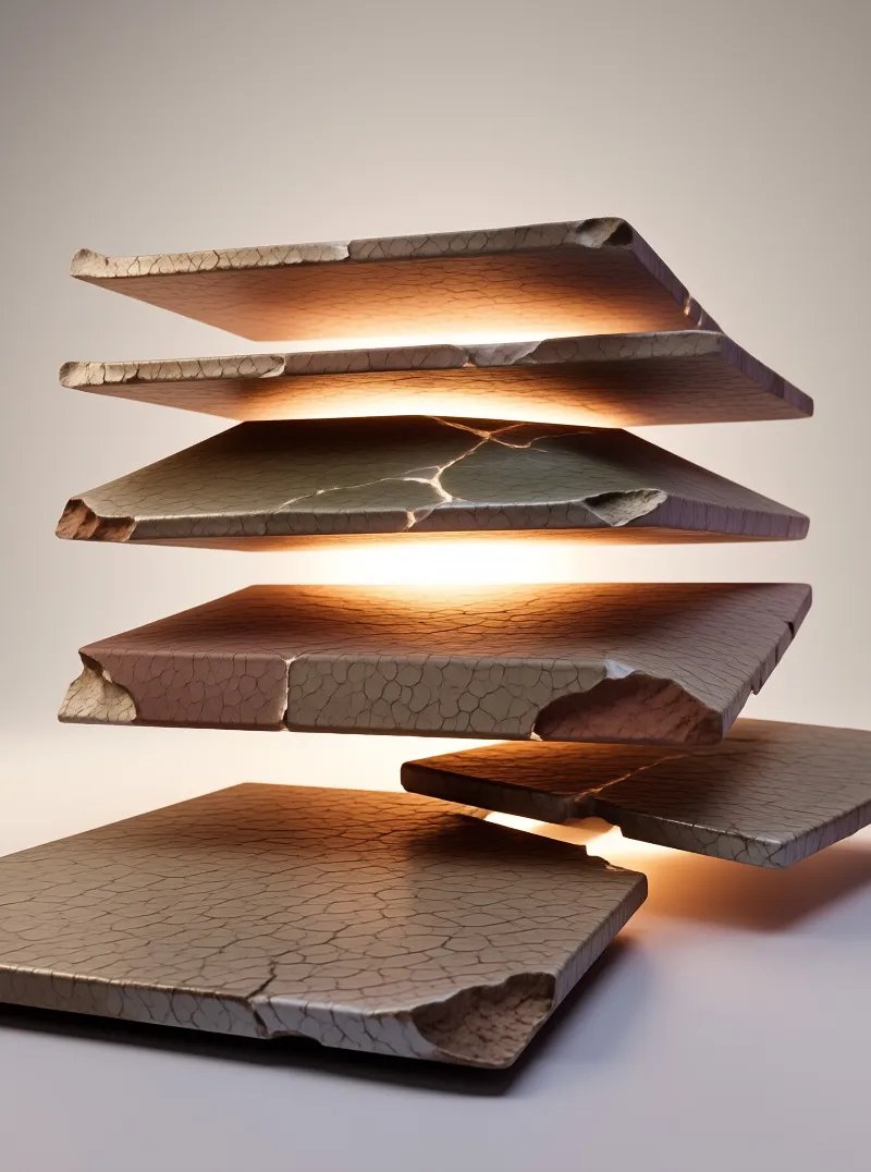 Stacked layers of cracked earth-like plates glowing with warm orange light.