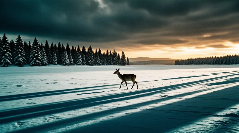 A deer walks across a snowy field casting a long shadow under a sky transitioning from dark clouds to golden sunset.