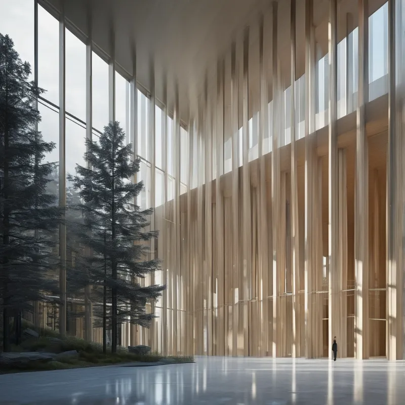 Interior view of a hall with vertical wood beams next to windows looking out at tall pine trees in sunlight.