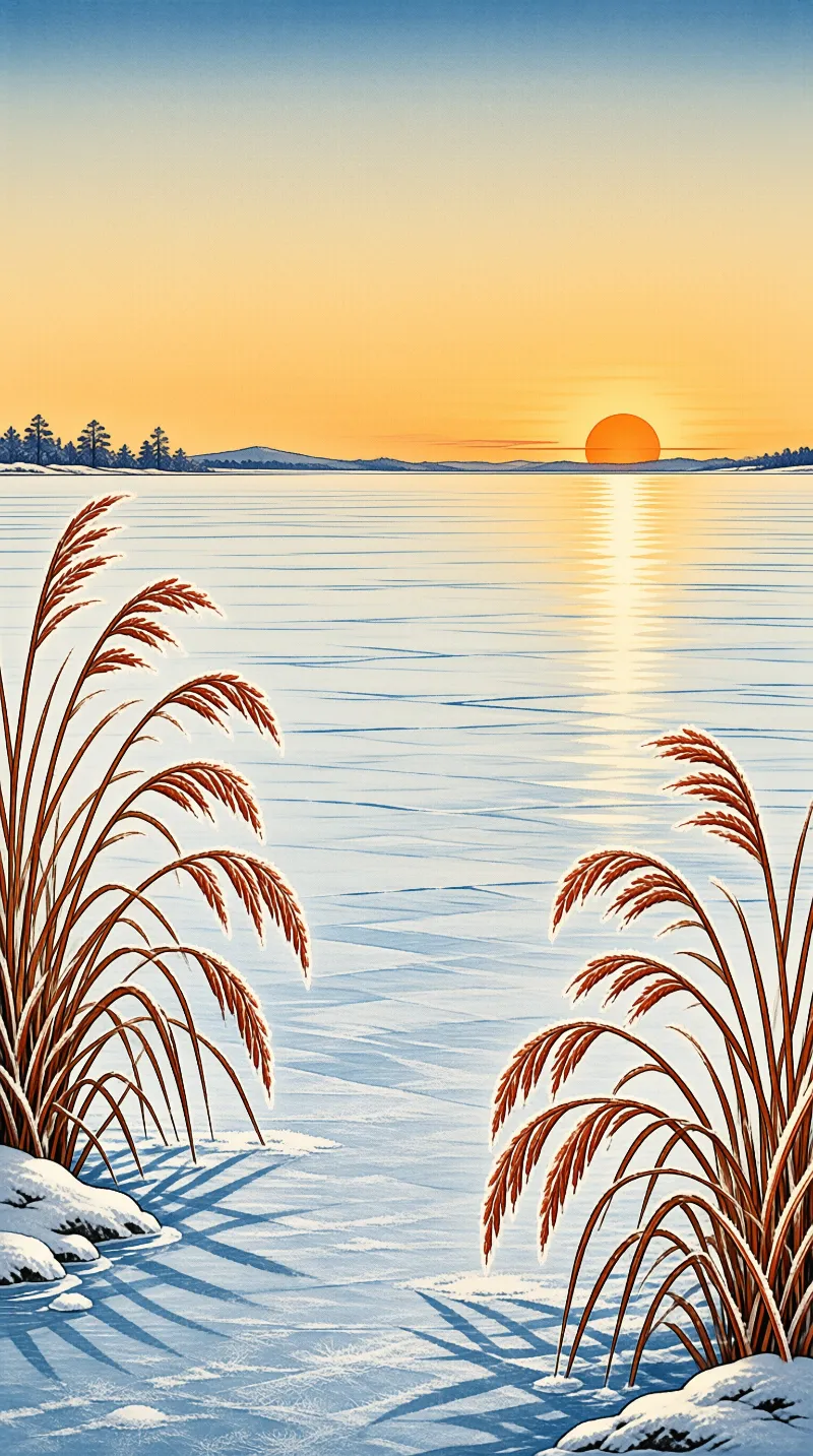 Illustrated winter landscape with tall brown reeds framing a frozen lake that reflects a large orange sun near the horizon.