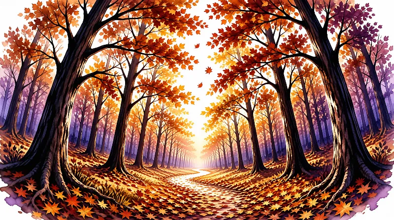 A winding path goes through tall trees with vibrant orange and red autumn leaves towards a bright light.