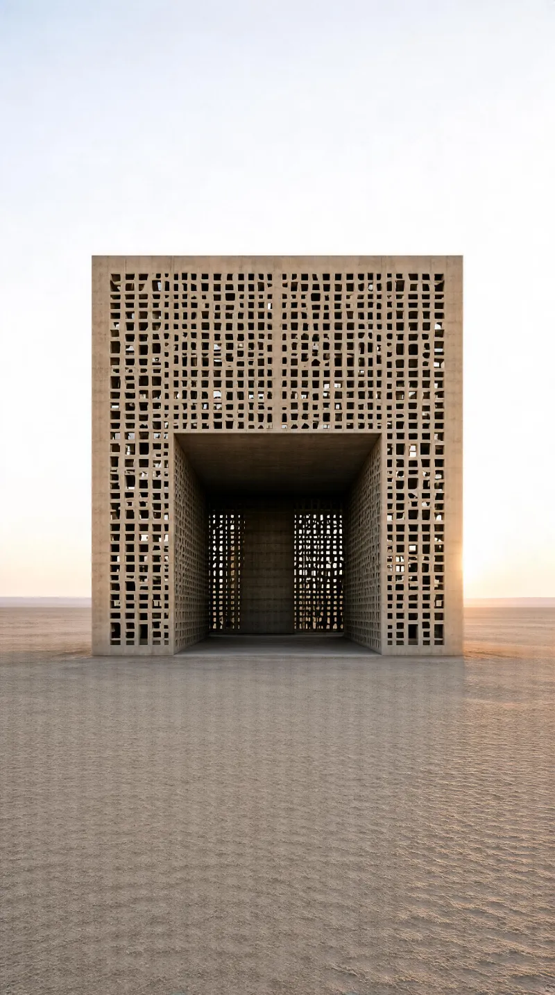 A large concrete cube with a grid of irregular holes stands alone on a vast, flat salt flat under soft dawn light