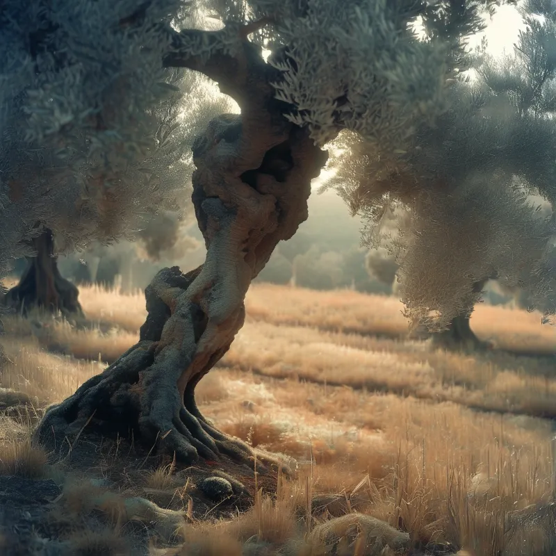 Gnarled olive tree with twisted exposed roots stands in a hazy golden dry grass field, sun filters through its pale leaves