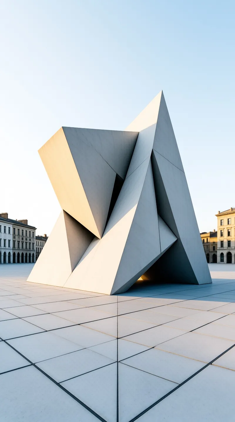 A large angular metal sculpture stands on a tiled plaza with classical buildings in the background under a clear sky.