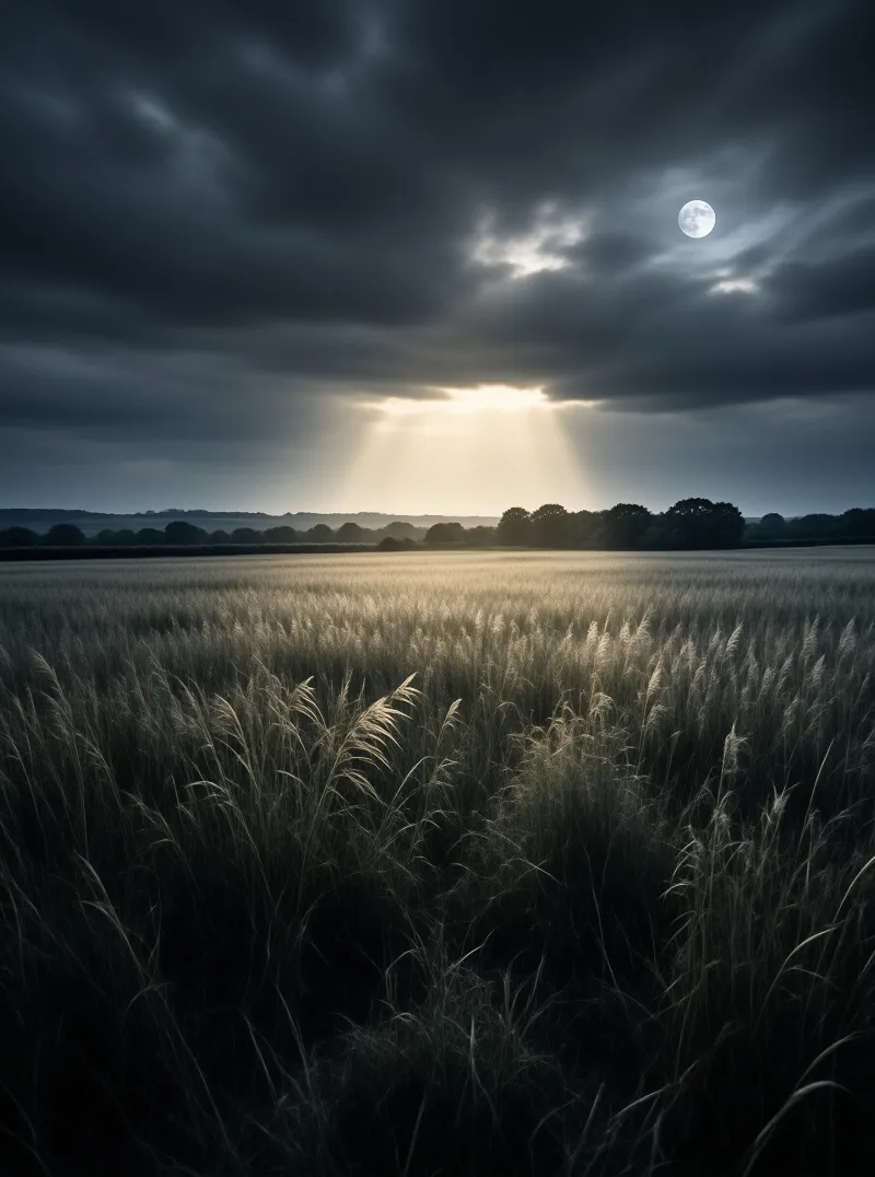 Tall grass stretches toward a horizon where bright rays pierce dark clouds beneath a full moon.