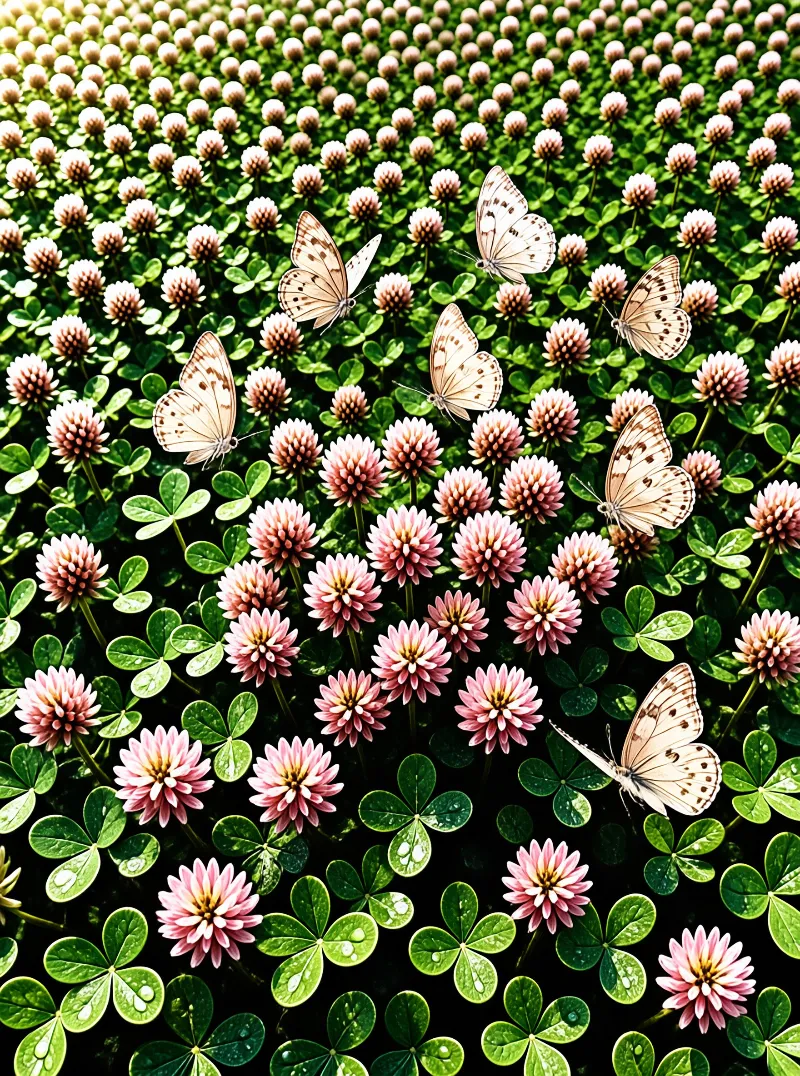 Pale butterflies drift over a dense meadow of pink clover blossoms and glossy green leaves dotted with rain.