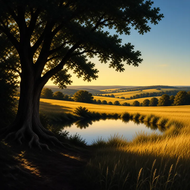A large oak tree stands in dark silhouette on the left while golden sunlight illuminates the rolling fields and a calm pond beyond.