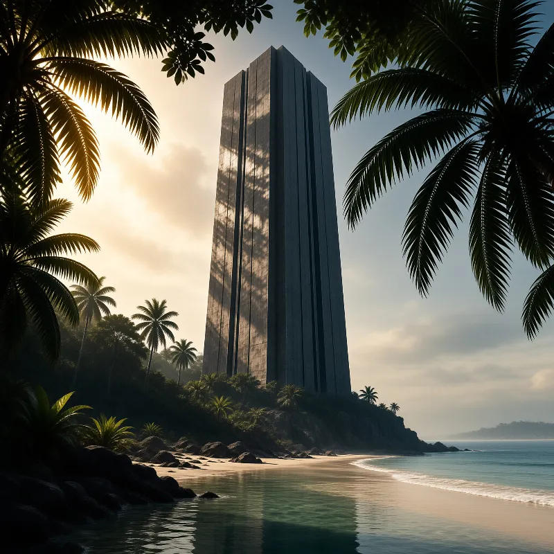 A tall fluted concrete shaft stands on a headland above a curving beach, patterned with shadows of palm fronds.